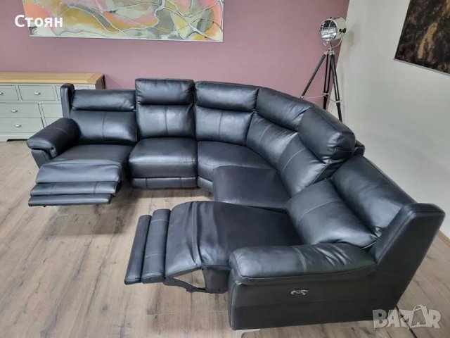 Черен кожен ъглов диван с електрически релаксиращ механизъм, снимка 7 - Дивани и мека мебел - 42514542