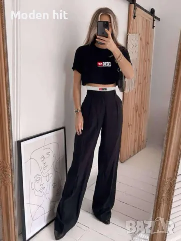DISEL комплект панталон с висока талия и широк крачол и къс топ висок клас реплика, снимка 3 - Комплекти - 49720017