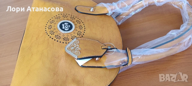 Чанта от висококачествена еко кожа в цвят горчица, с удължаваща се дръжка., снимка 5 - Чанти - 54015078