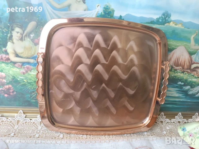 Комплект 6 чаши от боросиликатно стъкло, с медни подстакани И меден поднос, снимка 4 - Сервизи - 51064198