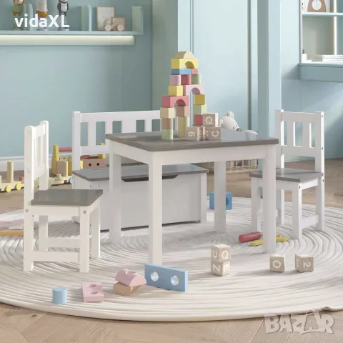 vidaXL Детски комплект от 4 части маса и столове бяло и сиво МДФ, снимка 2 - Мебели за детската стая - 56146068