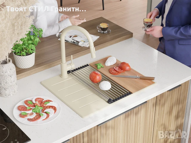 Бежава кухненска гранитна мивка Копенхаген 50 Top 620х500, снимка 2 - Мивки - 51299478