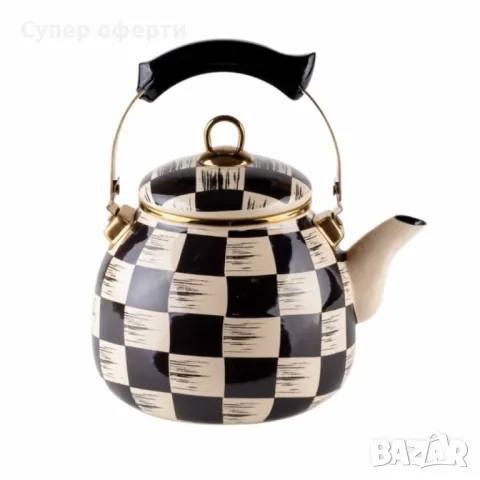 Чайник Goldmann, 2.5л., Емайл, Индукция,  Бял/Черен каре