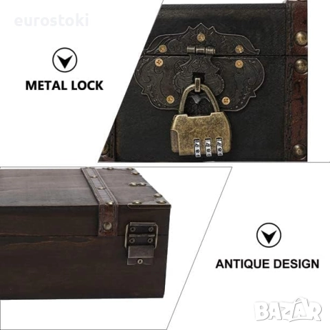 OZCHIN Дървена декоративна кутия за съкровища, винтидж кутия за съхранение с ключалка за домашен дек, снимка 5 - Други - 52471437