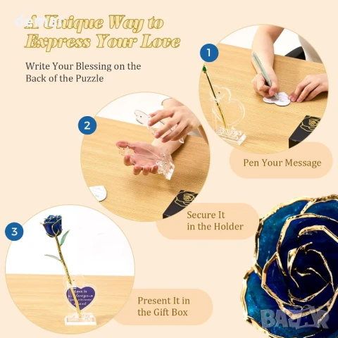 Mikasol Истинска реалистична роза, потопена в 24-каратово злато – вечен, реалистичен цъфтеж, синя, снимка 3 - Подаръци за жени - 50592043