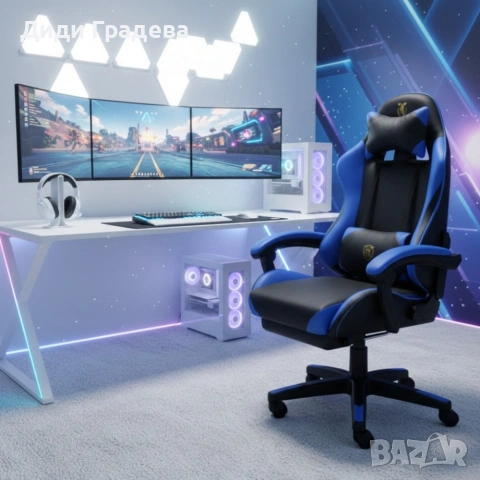 Ергономичен геймърски стол с масажна функция и поставка за крака – черно-син, снимка 2 - Столове - 53974632