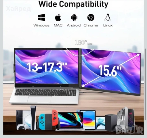 НОВ Преносим Допълнителен Монитор за Лаптоп  15,6 инча, снимка 4 - Лаптопи за работа - 54164905