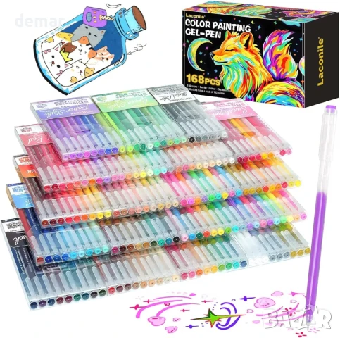 Комплект гел химикалки с брокат, 168 цвята (19 броя) – гел химикалки с фин връх 0,65 мм