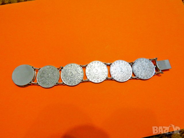масивна мъжка сребърна гривна със сребърни  6 монети от  2 австрийски шилинга 1931г - 175 години , снимка 5 - Гривни - 39070787