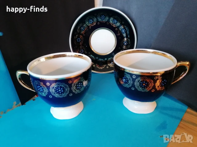 2 бр. руски чаши за чай и една чинийка. Кобалт, злато, снимка 1