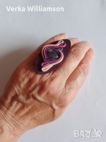 Лилав комплект колие, обици с пръстен от кожа и аметист модел 30, снимка 5 - Бижутерийни комплекти - 38409661