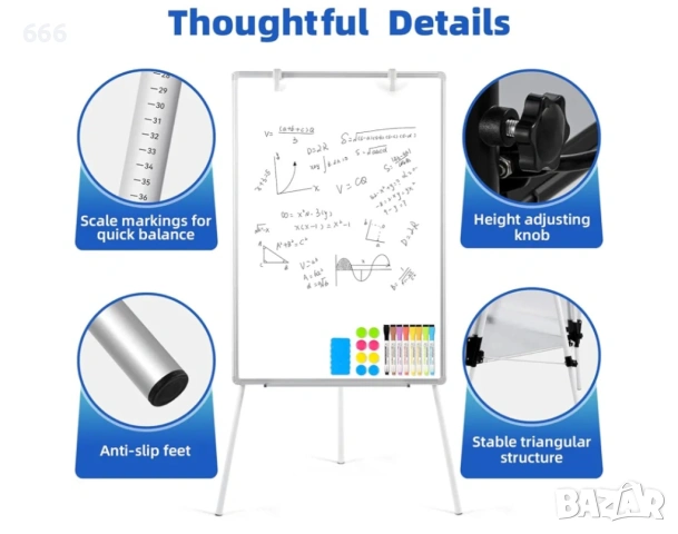 Стойка за флипчарт DOLLAR BOSS, магнитна бяла дъска 60×90 см с регулируема височина, преносима бяла , снимка 4 - Други стоки за дома - 53268929