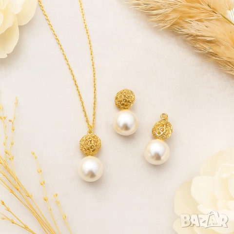 Класически комплект колие и обеци с перли, снимка 3 - Бижутерийни комплекти - 51926469