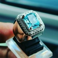 Мъжки пръстен със син циркон и топази, снимка 1 - Пръстени - 34362224