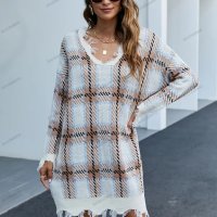 Моден дамски кариран пуловер (рокля) с V-образно деколте, 2цвята - 023, снимка 4 - Блузи с дълъг ръкав и пуловери - 42319066