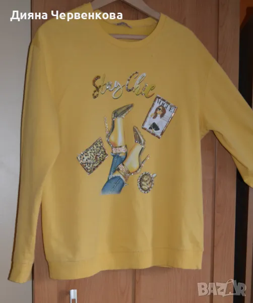 Блуза дамска есенна/зимна, жълта с апликация и камъни; 2XL÷3XL, снимка 1