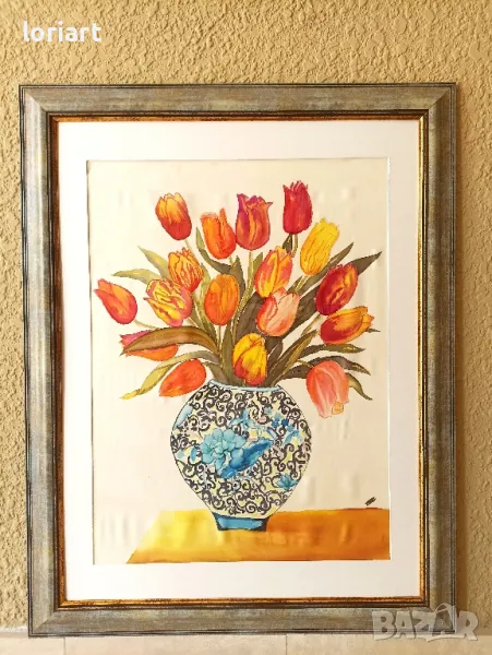 "Букет лалета" - рисувана коприна/винтидж, снимка 1
