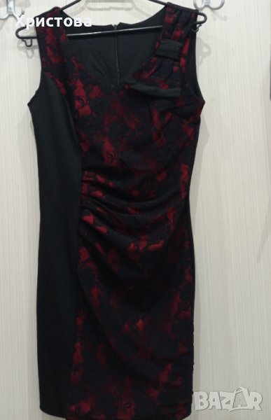Официална дамска рокля в черно и червено, без ръкави, снимка 1