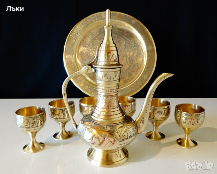 Старинен бронзов сервиз за ракия,клетъчен емайл., снимка 1