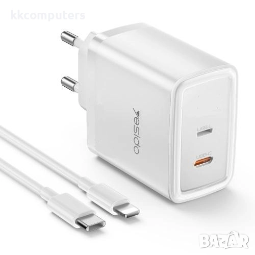 Зарядно/Адаптер 220V / YESIDO YC71 12W / 1xPD, 1xLightning(iPhone) + Type-C - Lightning Кабел / Бял, снимка 1