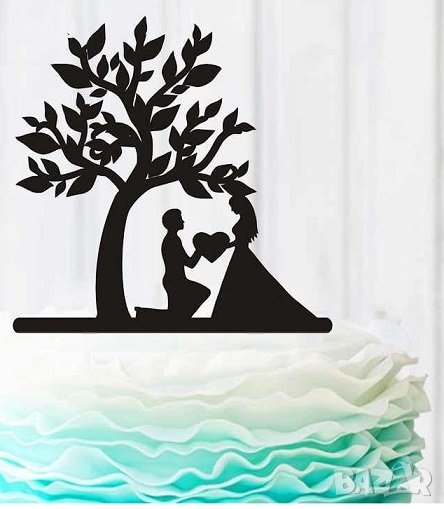 Двойка по дърво със сърце черен пластмасов топер за торта сватба годеж , снимка 1