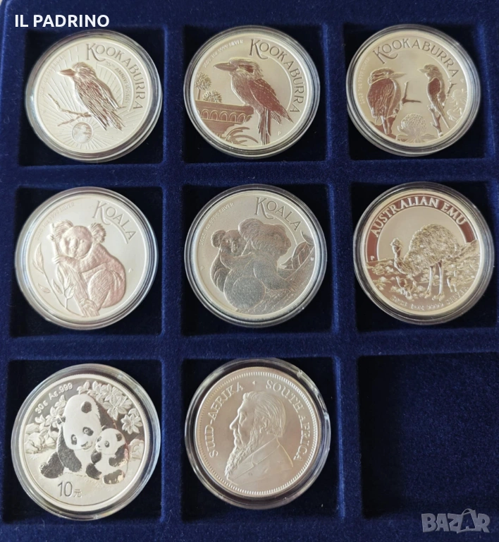 Сребро инвестиционни монети всички по 1унция 999. 8броя - Кукабура Коала Панда Ему Кругерранд, снимка 1