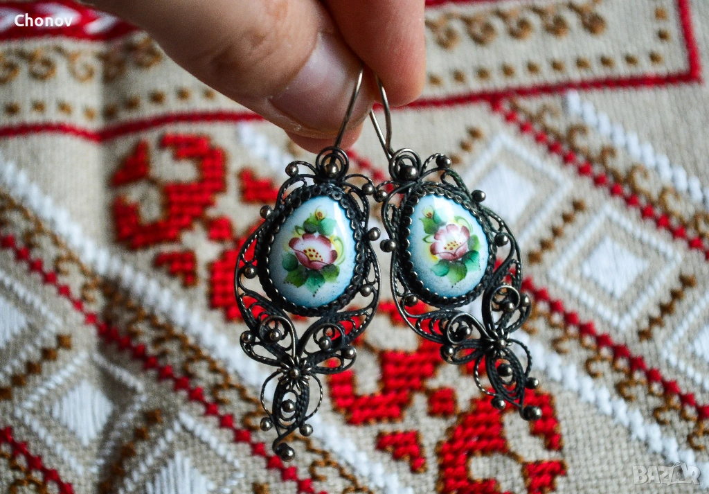 Стари Съветски порцеланови обеци от мелхиор, снимка 1