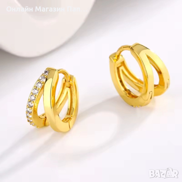 Двойни обеци халки от стомана с циркони – позлатени/посребрени, снимка 1