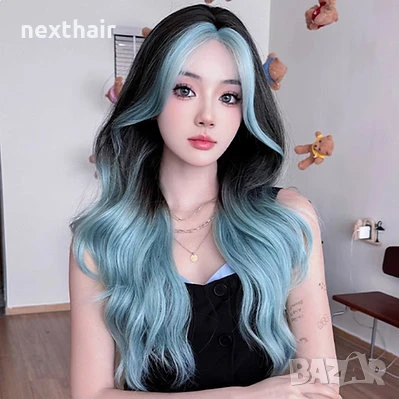 Омбре черна перука със сини кичури и краища, снимка 1