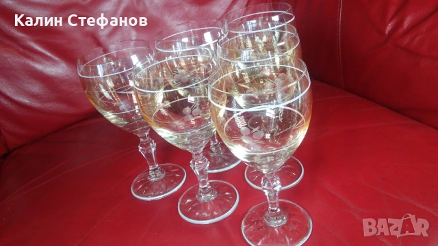 Ретро чаши за вино, калиево стъкло, ръчна гравюра – 6 бр, снимка 8 - Чаши - 54174077