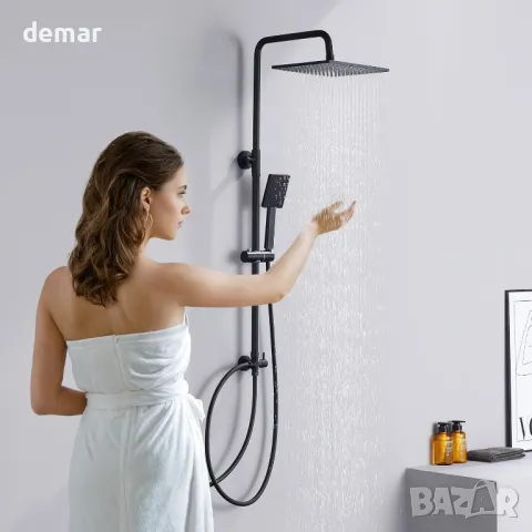 Комплект душ с регулируема релса DERW, с квадратна глава тип „Rainfall“ 25 см, черен, снимка 2 - Душове - 49987959