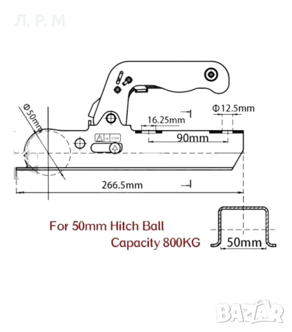 Заключваща лапа квадрат за теглич на ремарке 50мм 800кг , снимка 6 - Ремаркета - 51146423