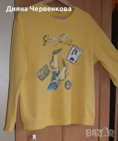 Блуза дамска есенна/зимна, жълта с апликация и камъни; 2XL÷3XL