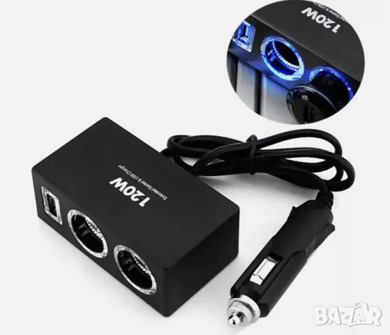Двоен разклонител на запалката + 1 USB изход - 120W, 12V/24V.