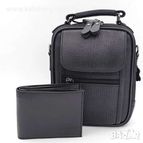 Чанта и портфейл от естествена кожа в черно-Подаръчен комплект за мъж