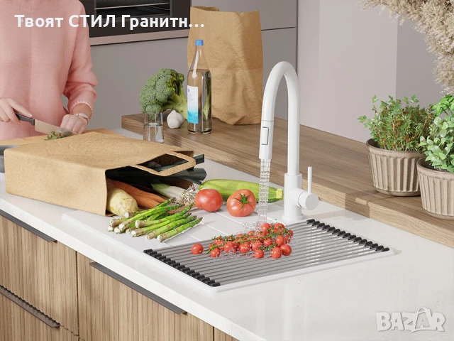 Бял кухненска мивка от гранит Копенхаген 40 Top 700х500, снимка 2 - Мивки - 50860937