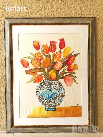 "Букет лалета" - рисувана коприна/винтидж