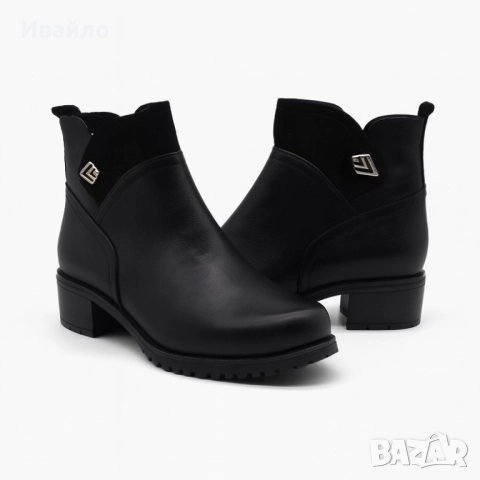 Дамски черни боти от естествена кожа с цип и нисък ток, снимка 3 - Дамски боти - 52190315
