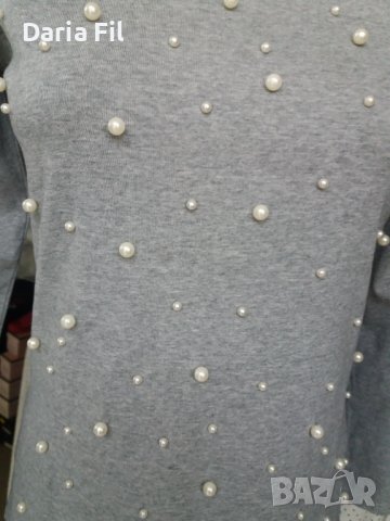 Сива блуза трико с бели перлички , снимка 3 - Тениски - 39115263
