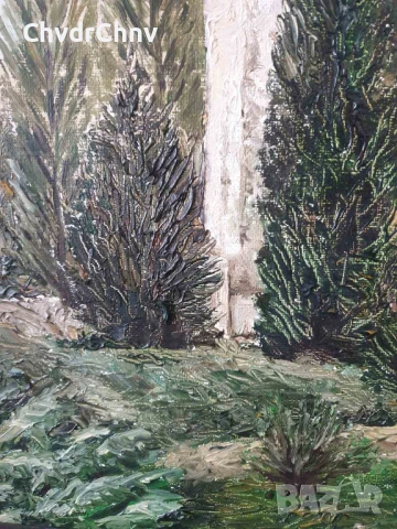 Teck 69х59см/стара картина масло върху платно/пейзаж-кула-градина/дървена рамка, снимка 5 - Картини - 51358094