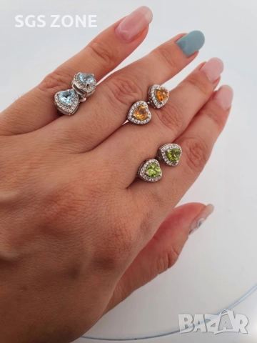 Сребърни обеци с естествен топаз, цитрин и перидот. Сърце