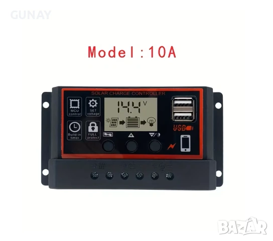 Соларен контролер 12V 24V - 10A с LCD дисплей, 2 USB, PWM за панели