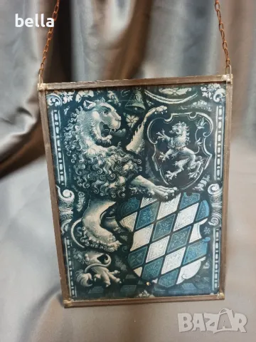 СТЪКЛЕНА ДВОЙНА КАРТИНА ,СТЪКЛОПИС С ЛЪВОВЕ ,ГЕРБОВЕ !, снимка 2 - Антикварни и старинни предмети - 48041468