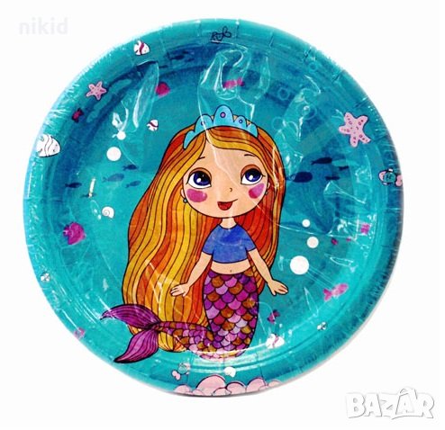 Русалка момиченце син фон 10 бр картонени чинии парти рожден ден