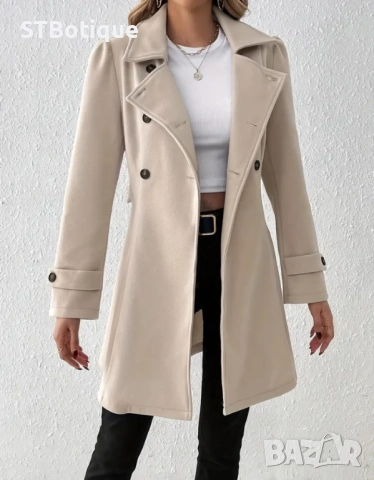 🌸 STBoutique – Елегантно дамско дълго палто с колан – Бежов 🌸, снимка 3 - Палта, манта - 52048157