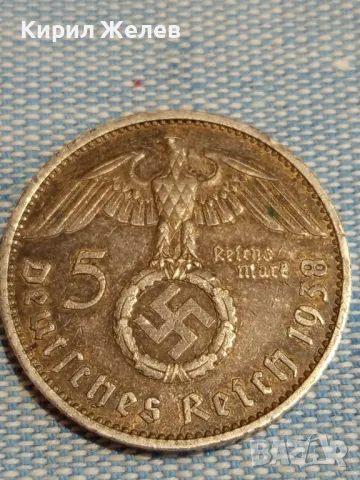 Сребърна монета 5 райхсмарка 1938г. Трети райх Нацистка Германия с свастика 29308, снимка 3 - Нумизматика и бонистика - 47910521