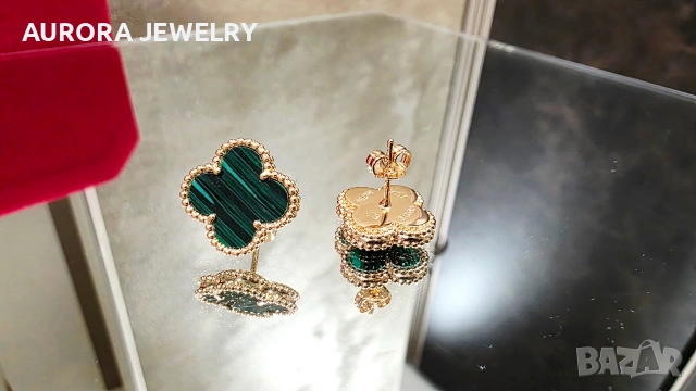 Van Cleef & Arpels VCA Rose Gold Green Malachite Vintage Alhambra Дамски Обеци, снимка 2 - Обеци - 54200120