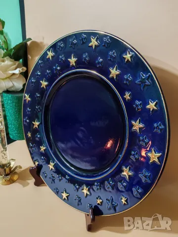 Голямо керамично плато в кобалтово синьо, златен кант и коледен мотив-Tchibo- Germany, снимка 3 - Декорация за дома - 48826164