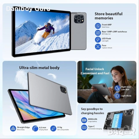 Таблет Android 15-11 инча Игри Таблет, Octa-Core T615, 36GB + 256GB/2TB, 8000 mAH, 8MP + 12MP, снимка 4 - Таблети - 53991155