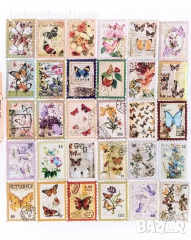 Скрапбук стикери за декорация планер пощенски марки пеперуди - 45 бр /комплект 